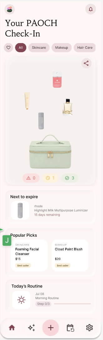 Paoch Home screen showing a collection check-in, products to use soon, popular picks, and today's routine