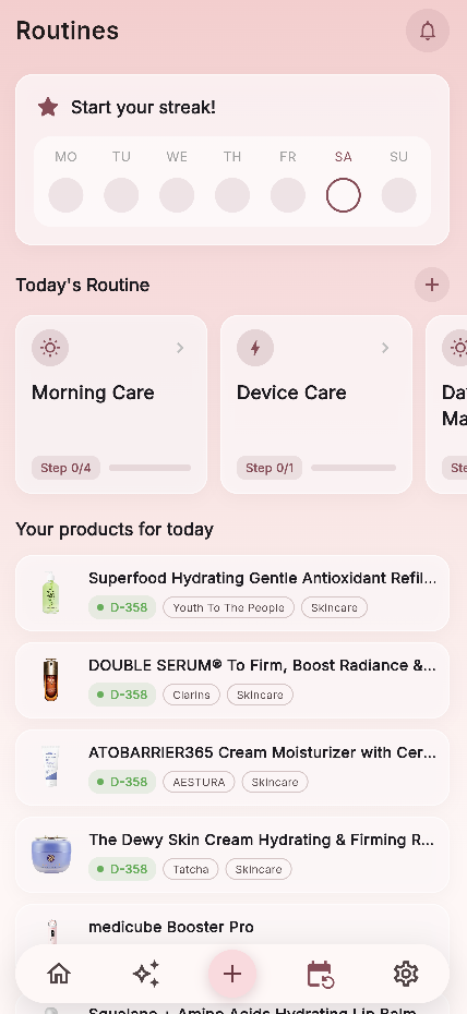 Paoch Routines screen showing imported morning, device, and makeup routines